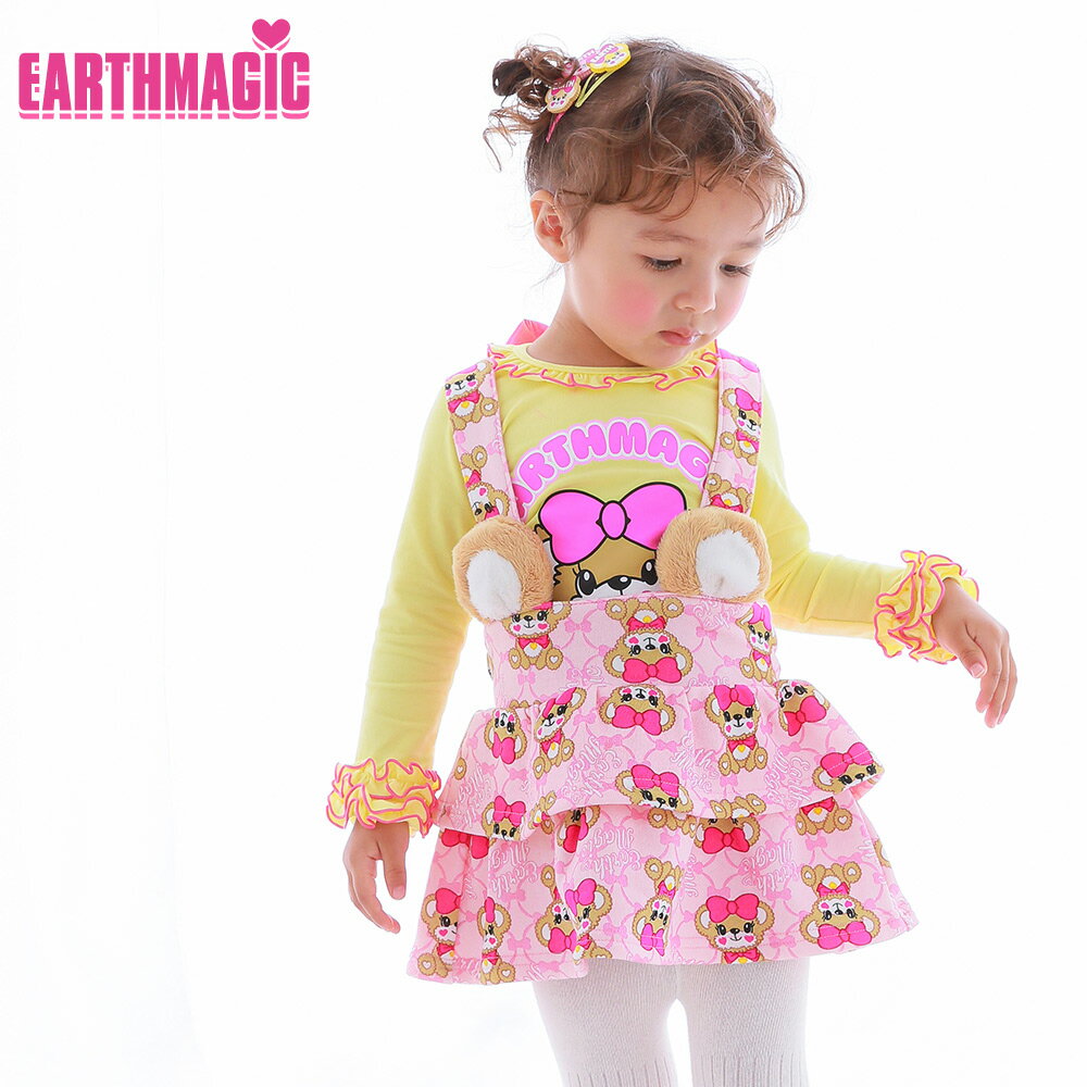 【正規取扱店】EARTHMAGIC BABY【30%OFF】アースマジックベビー リボンマフィー総柄クマ耳付ジャンスカ ジャンパースカート 裏毛生地 ベビー服 ベビー 赤ちゃん 女の子 乳児 出産祝い ベビーギフト 80〜90cm 1歳 2歳 1y 2y