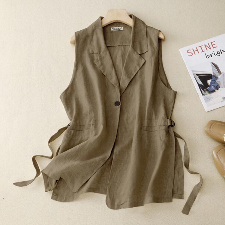 ブレザーベスト ロングジレ 羽織り ミドル丈 ジレ アウター ミドル丈 綿麻 ノースリーブ ベスト レディース リネン 春 夏 秋 送料無料 ノースリーブ テーラードジャケット ジレベスト オフィスカジュアル ジャケット