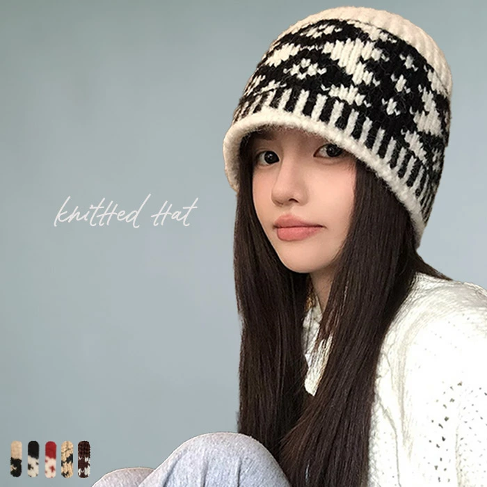ニット帽 レディース ふんわり 暖かい 毛糸 帽子 防寒 秋冬 レトロ 菱形柄 防寒 スキー スノーボード ..