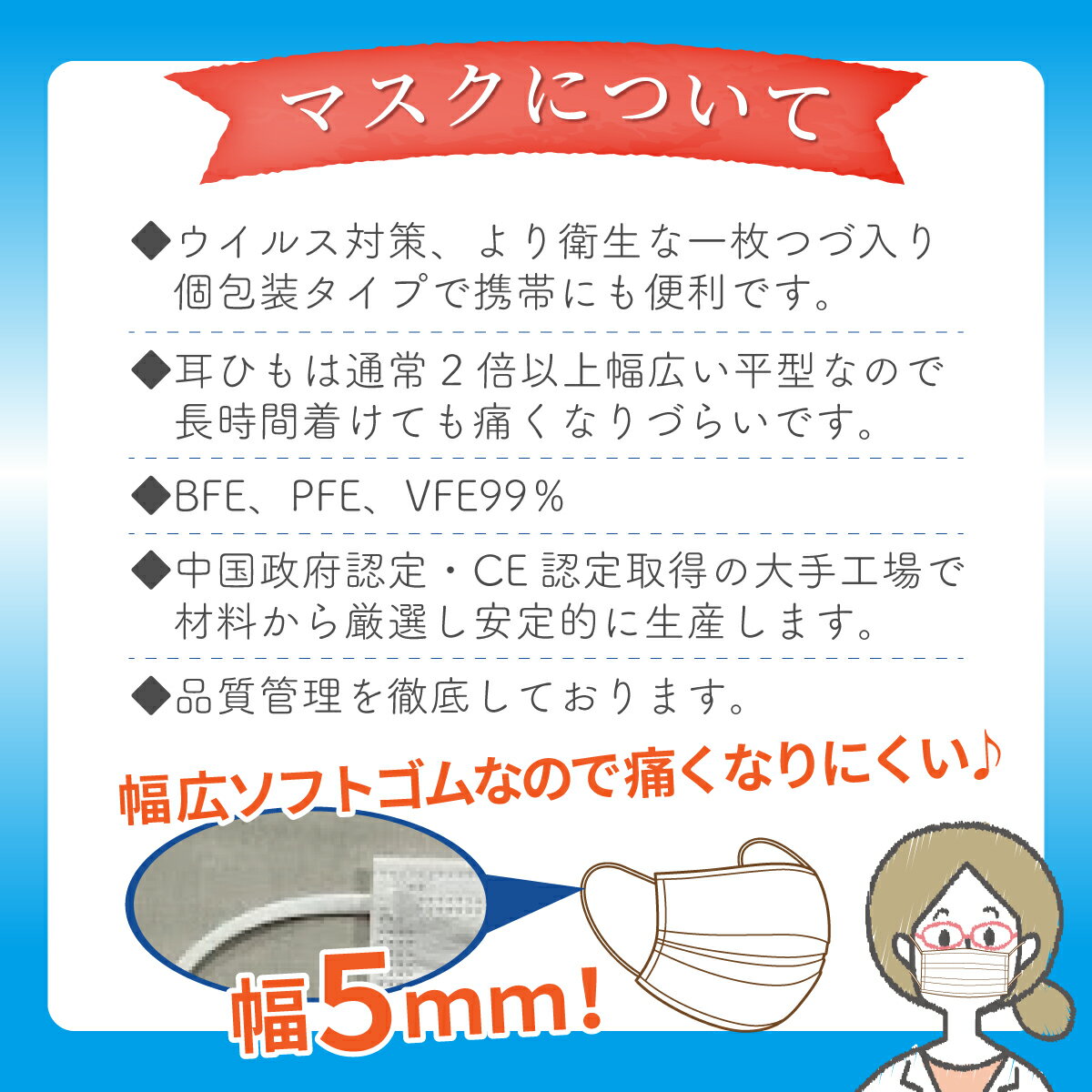 【あわせ買い専用】5枚セット個包装　高品質マスク　耳が痛くない5ミリ幅広ソフト平ゴム　CE認証　安心 安全 清潔のこだわり品質。立体構造マスク　ポイント消化