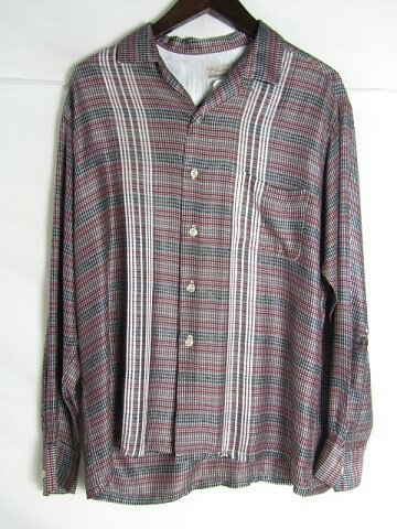 50年代製　Bluestone レーヨン　チェック　オープンカラーシャツ　レッド　グレー　Mサイズ　 vintage