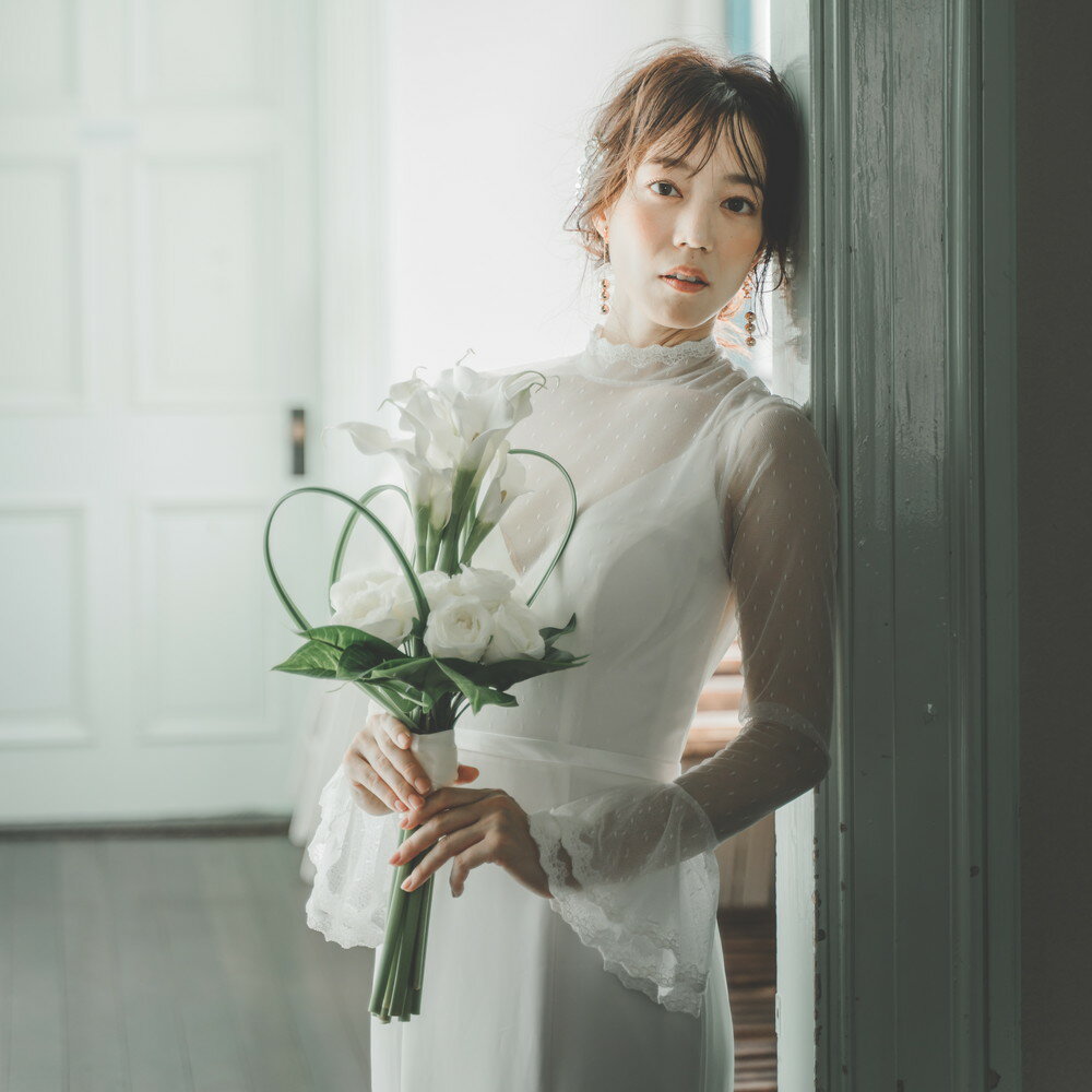 ウエディングドレス 二次会 スレンダー ロングスリーブ ドット 前撮り フォトウエディング 披露宴 結婚式