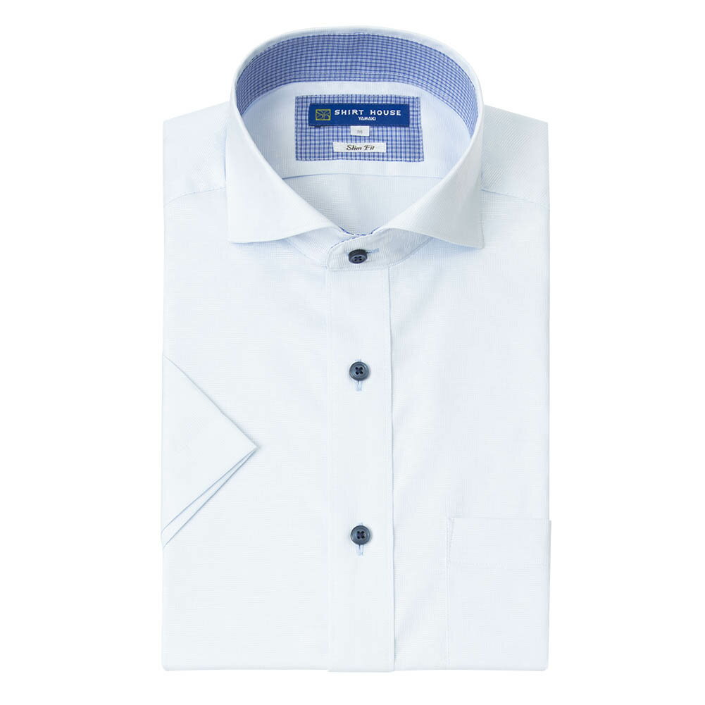 ワイシャツ 半袖 形態安定 ブルー 青 ドビー カッタウェイ スリム 細身 シャツハウス メンズ ドレスシャツ 2405ft