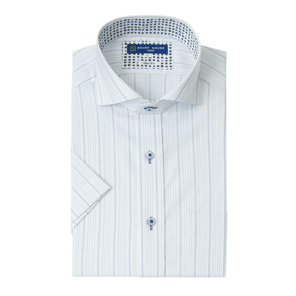 ワイシャツ 半袖 形態安定 ブルー ストライプ 青 カッタウェイ スリム 細身 シャツハウス メンズ ドレスシャツ 24FA 2405ft
