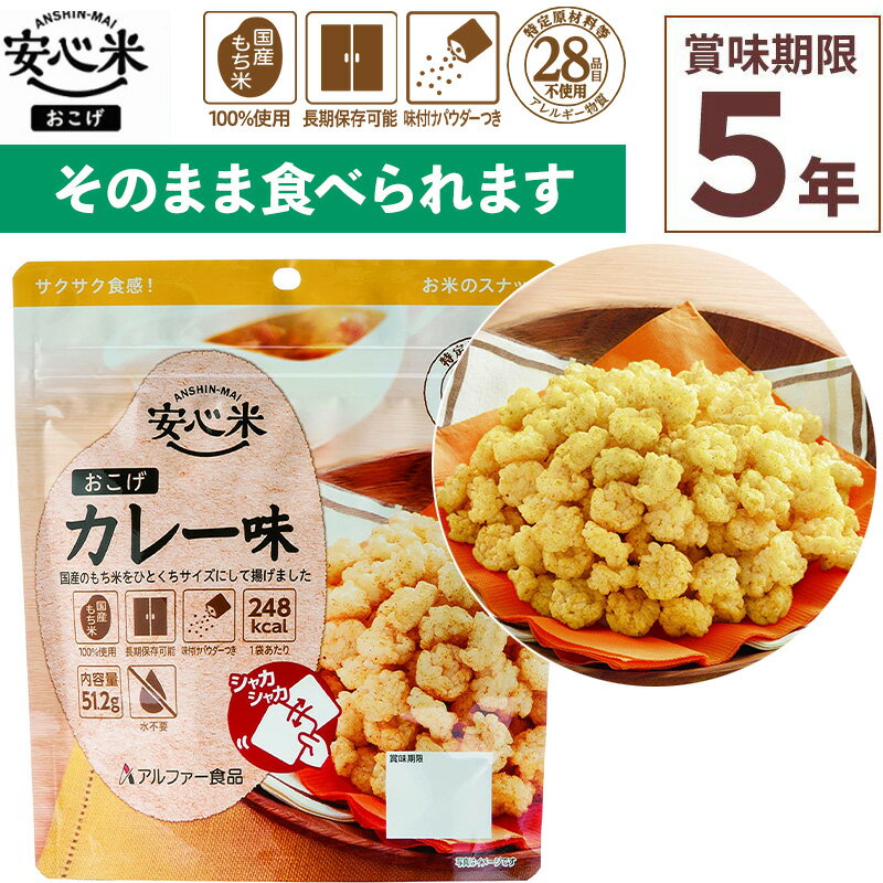 非常食 安心米おこげ カレー味 51g×1食入 賞味期限5年 100%国産米 アレルギー対応 登山 キャンプ 食器不要 水不要 常備 備蓄 保存食 災害食 アルファー食品