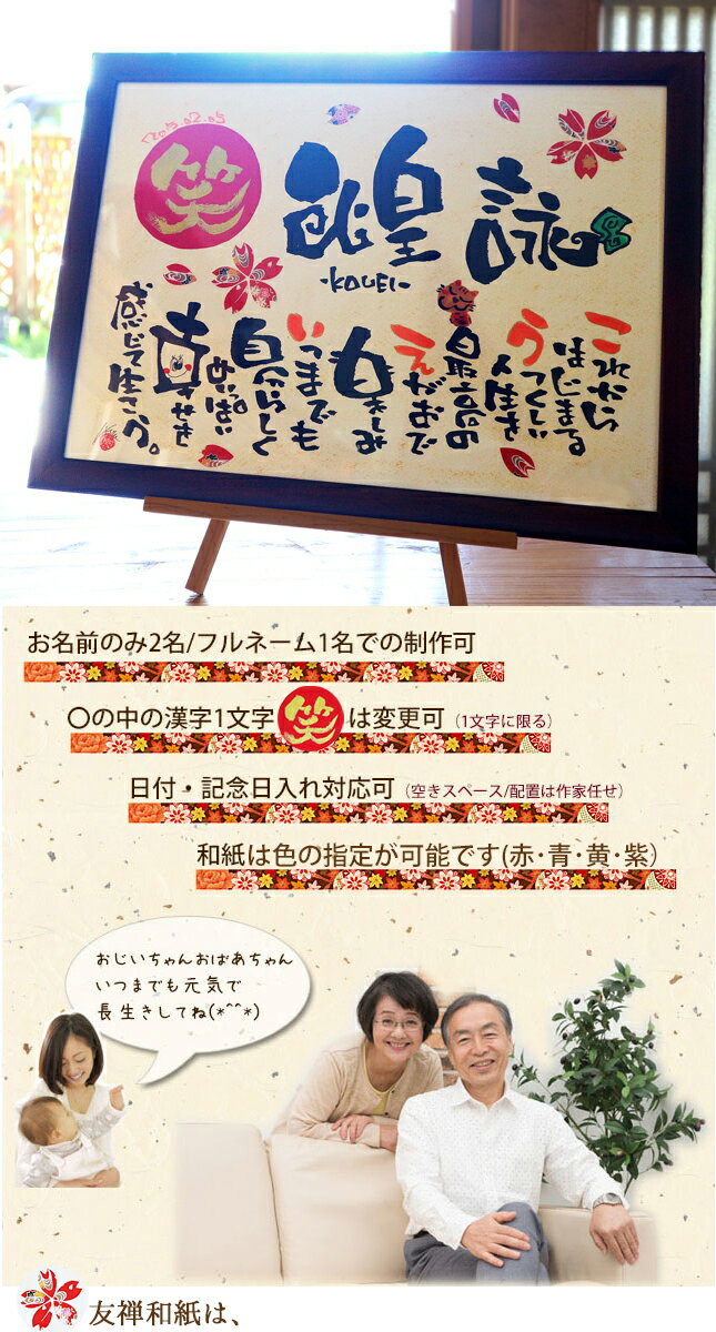 結婚記念日 結婚式両親贈呈 還暦祝い【A4 B4 A3 赤丸金文字 花模様友禅和紙 1-2人用】名前詩 名前ポエム 周年祝い 誕生日 出産祝い 喜寿祝い 77歳 喜寿 米寿 傘寿 古希 還暦 金婚式 銀婚式 木婚式 退職祝い 定年 夫婦 家族 祖父母 友達 男性 女性 名前入り プレゼント