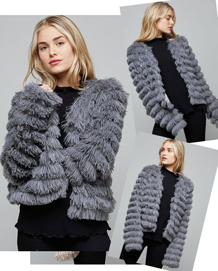 [LA style/LAスタイル] FAUX FUR SHORT JACKET / グレー ベージュ ピンク フェイクファー フリンジ ジャケット もこもこ ふわふわ