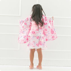 小紅梅生地浴衣ドレスバラ×リボン柄浴衣ドレス帯付き浴衣ドレス2点セット【3歳〜10歳各サイズ】【宅急便で送付】