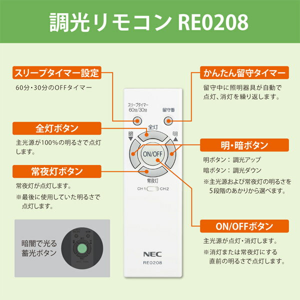 ホタルクス NEC RE0208 LEDシーリングライト用 メーカー純正リモコン 調光「▲（明）」「▼（暗）」 連続多段調光 留守タイマー 「送料無料」