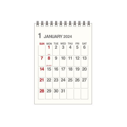 商品名EDC A6サイズ 卓上カレンダー アイボリー商品説明2024年1月〜12月のカレンダー。書き込める小さめの卓上カレンダーです。風合いのあるアイボリーの紙に、グレーとレッドの2カラーでシンプルにデザイン。文字色：日曜・祝祭日-レッド、平日・土曜-グレー祝祭日は日本語表記で実用的。A6のタテ型は、デスク上にすっきりとおさまり、使い勝手の良いサイズ感です。使用方法商品詳細祝日：日本語表記枚数：6枚(両面印刷)リングタイプ商品仕様紙、リング：鉄成分原産国日本取扱上の注意カレンダーを探す click! 別のサイズを選ぶ click!