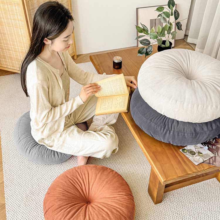 EYshopの2個セット 座布団 フロアクッション 2個セット 円型 丸型 直径50cm ごろ寝クッション 椅子用 チェアクッション コーデュロイ カバー付き オフィスチェアー用 和室 ざぶとん ラウンドクッション 丸洗い 抱き枕 車 イス 送料無料｜アングル3