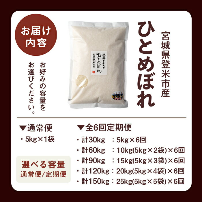 【ふるさと納税】≪令和7年産≫ ひとめぼれ 精米5kg〜25kg ＜定期便も可！＞ 宮城県登米市産 お米 おこめ 米 コメ 白米 ご飯 ごはん おにぎり お弁当 10kg 15kg 20kg 定期便 6回 頒布会【株式会社近藤農産】tm496