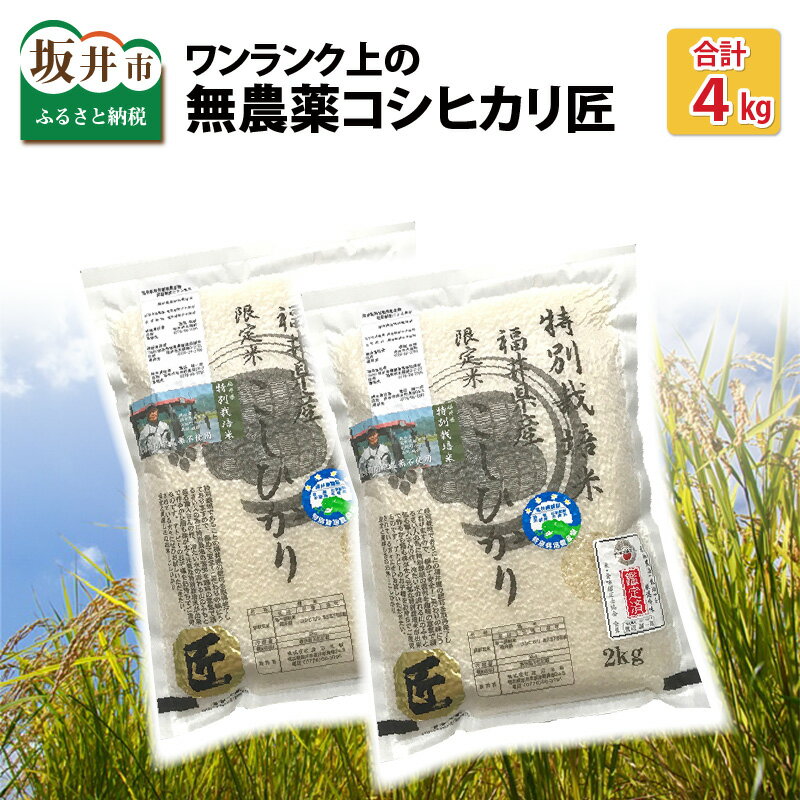 【ふるさと納税】米 4kg ワンランク上の無農薬 福井県産 コシヒカリ匠【令和2年新米先行予約・11月中旬以降順次発送】