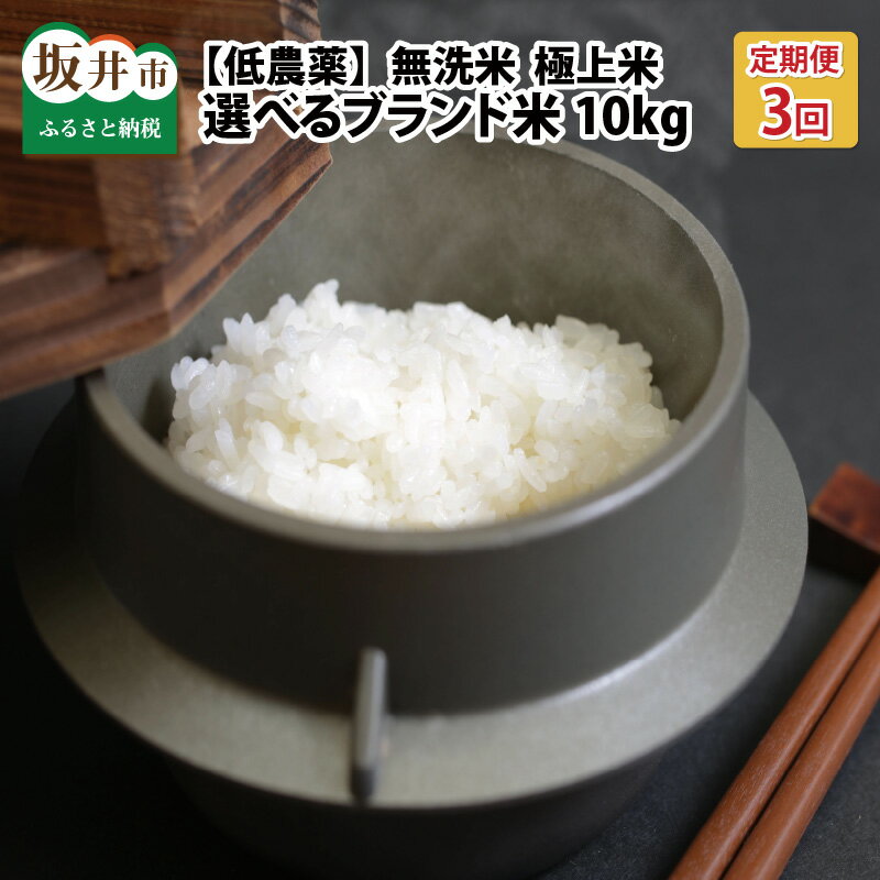 [令和5年産]定期便 米 無洗米[3ヶ月連続お届け]低農薬極上米 10kg × 3回 計30kg 福井県産『こしひかり』『ハナエチゼン』『ミルキークイーン』『あきさかり』