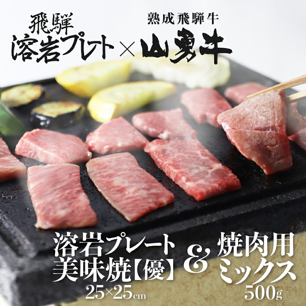 楽天岐阜県飛騨市【ふるさと納税】「山勇牛」焼肉用ミックス 500g＆溶岩プレート 和牛 飛騨牛 砂原石材 溶岩石 BBQ アウトドア[Q191]