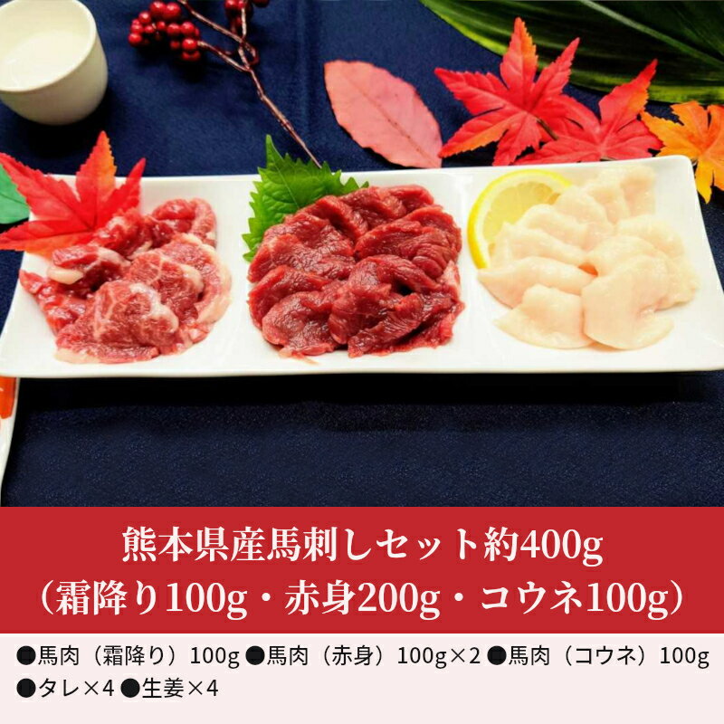 【ふるさと納税】熊本県産馬刺しセット約400g（霜降り100g・赤身200g・コウネ100g）　※タレ、生姜付【熊本県宇土市】