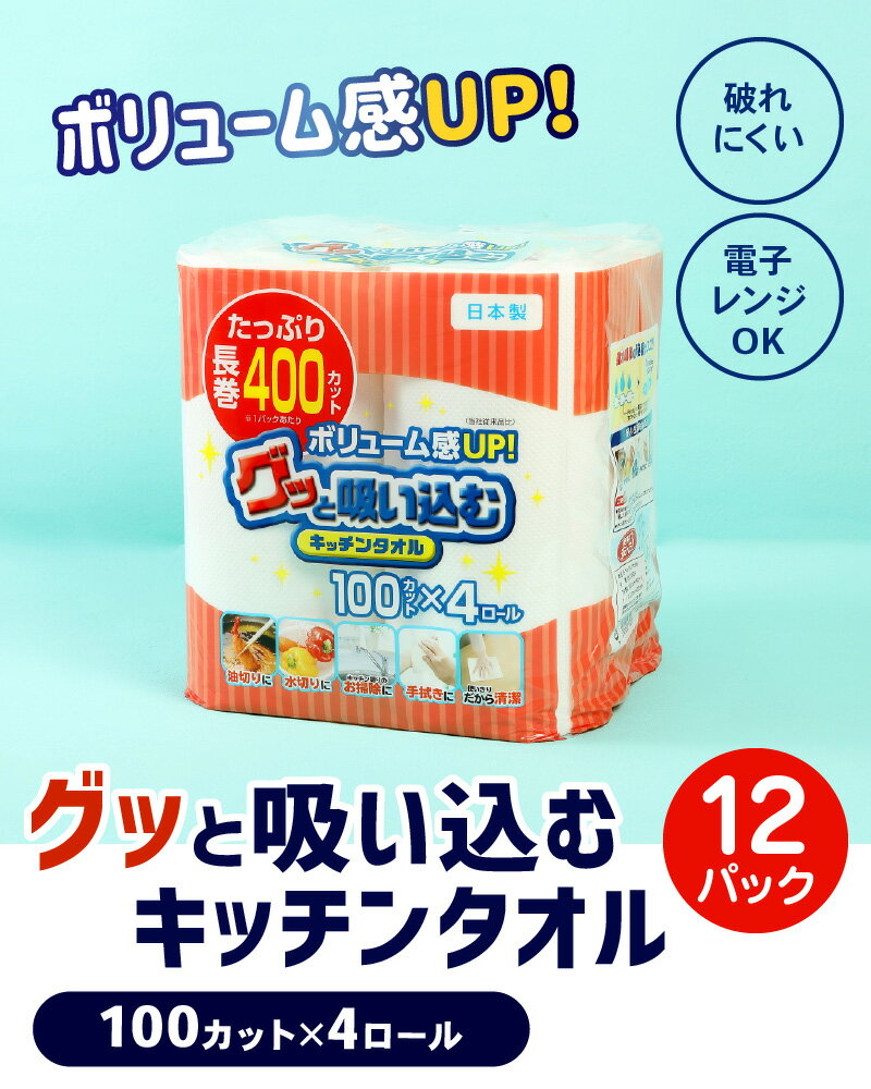 【ふるさと納税】キッチンタオル 100カット 4ロール 12パック 日本製 キッチンペーパー ペーパータオル 大容量 消耗品 日用品 電子レンジ 使用可 破れにくい 吸水力 長持ち 揚げ物 料理 掃除 送料無料 大分製紙 R14030