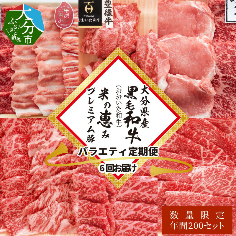 【ふるさと納税】【数量限定定期便】大分県産黒毛和牛（おおいた和牛）・米の恵みプレミアム豚 バラエティ定期便6回お届け 冷凍 セット 国産 ブランド牛 牛肉 豚肉 もも 豚ロース 豚バラ うす切り 切り落とし ステーキ 焼肉 しゃぶしゃぶ A01081