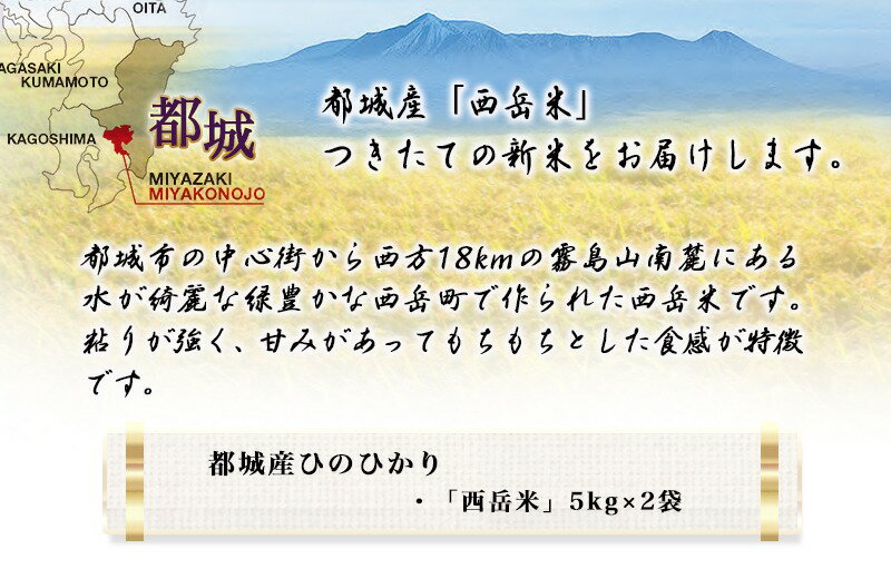 【ふるさと納税】都城産ひのひかり「西岳米」10kg - 令和3年新米 ヒノヒカリ 白米 お米10kg(5kg×2袋) おこめ 九州産/宮崎県産 産地直送 厚みがあり食味の良さが特徴 霧島山麓の西岳地区で生産 送料無料 MJ-0402_99【宮崎県都城市は令和2年度ふるさと納税日本一！】