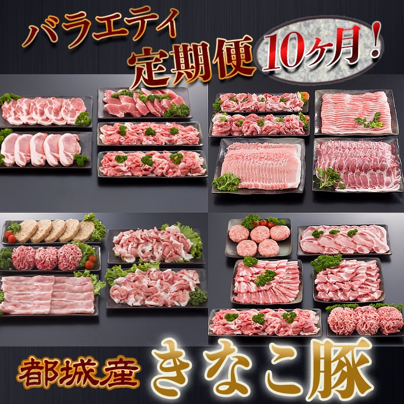 【ふるさと納税】都城産「きなこ豚」バラエティ定期便（10ヶ月） - 宮崎県産豚肉(都城産) 豚バラ/ロース/肩ロース/ウデ・モモ/ミンチ/ハンバーグ/小間切れ/しゃぶしゃぶ/とんかつ/焼き肉/生姜焼き 送料無料 T120-1202【宮崎県都城市はふるさと納税二年連続日本一!!】