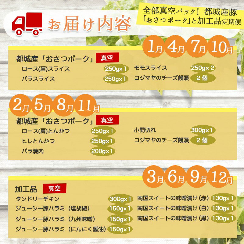 【ふるさと納税】全部真空パック！隔月5回お届け！都城産豚「おさつポーク」と加工品定期便 - 都城産ブランドポークの豚肉 加工品もセットにしてバラエティ豊かにお届け 送料無料 TAA5-1403【宮崎県都城市は令和2年度ふるさと納税日本一！】