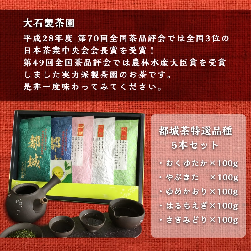 【ふるさと納税】都城茶特選品種5本セット - 平成31年度新茶をお届け 茶摘みから焙煎までを行い有機JAS認定を受けた茶園 大石製茶園 5品種セット(おくゆたか/やぶきた/ゆめかおり/はるもえぎ/さきみどり) 各100g 送料無料【宮崎県都城市はふるさと納税二年連続日本一!!】が大人気返礼品になっている理由とは　ふるさと納税　人気　返礼品　ランキング