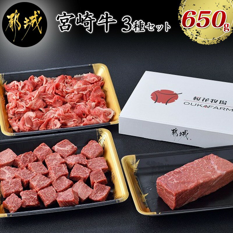 【ふるさと納税】都城産宮崎牛【赤身】3種セット - 宮崎牛 モモブロック サイコロステーキ 切り落とし 真空パック 合計650g 送料無料 MJ-6520 【宮崎県都城市はふるさと納税二年連続日本一!!】