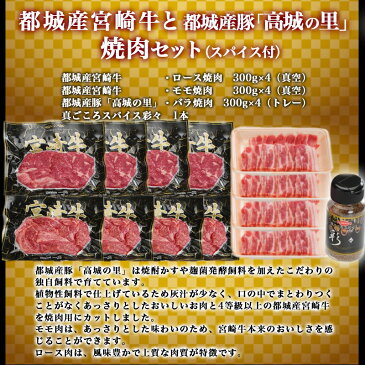 【ふるさと納税】都城産宮崎牛と都城産豚「高城の里」焼肉セット（スパイス付） - 牛肉 宮崎牛ロース焼肉 / 牛モモ焼き肉 / 都城産豚肉「高城の里」豚バラ焼肉 各300g×4パック バーベキューセット スパイス 送料無料 AJ-8401【宮崎県都城市はふるさと納税二年連続日本一!!】