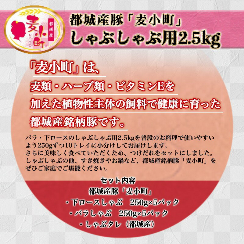 【ふるさと納税】「麦小町」しゃぶしゃぶ2.5kgセット - 豚肉 豚下ロースしゃぶ肉・豚バラしゃぶ肉 各250g×5パック 計10パック 合計2.5キロ 国産 宮崎県産 都城産 しゃぶしゃぶのタレ セット 送料無料 MJ-A602【宮崎県都城市は令和2年度ふるさと納税日本一！】