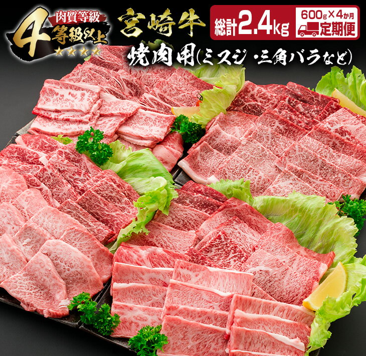 4か月 お楽しみ 定期便 宮崎牛 焼肉 バラエティ セット 総重量2.4kg 牛肉 ビーフ 黒毛和牛 国産 ミヤチク ブランド牛 肩ロース バラ モモ イチボ ウデ ミスジ 食品 食べ比べ 鉄板焼き 高級 ご褒美 お祝い 記念日 お取り寄せ グルメ 宮崎県 日南市 送料無料