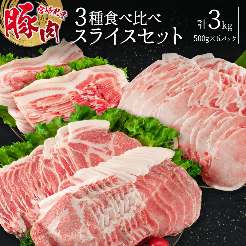 宮崎県産豚 3種食べ比べスライスセット(500g×6パック)計3kg ※90日以内に発送