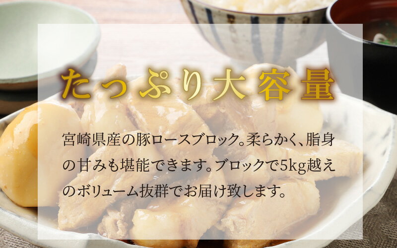 【ふるさと納税】宮崎県産豚ロースブロック 5kg越え - 国産豚肉 トンテキ/豚の角煮/トンカツ/ポークソテー ブロック肉 塊肉 5キロ かたまり肉 ロース肉 小分け キメが細かく柔らかな肉質 赤身 脂身 冷凍 送料無料 【宮崎県木城町】