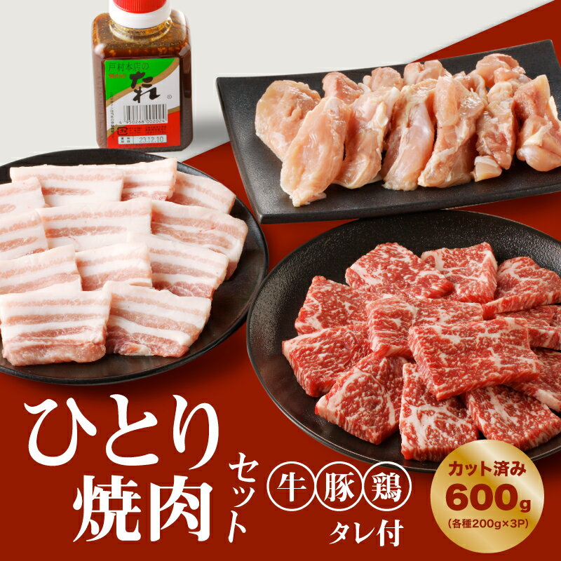 【ふるさと納税】一人焼肉セット(牛・豚・鶏)【タレ付き】計600gカット済み - 焼肉セット 焼肉のたれ 焼き肉 食べ比べセット バーベキュー 肉 牛肉 豚肉 鶏肉 小分け 焼くだけ 詰め合わせ 牛豚鶏 冷凍 牛カルビ 豚バラ肉 鶏もも肉 セット 送料無料 【宮崎県木城町】