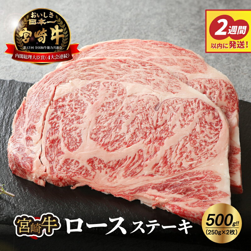 【ふるさと納税】宮崎牛ロースステーキ500g - 250g×2枚 ブランド牛 国産牛肉 国産黒毛和牛 A4等級A5等級 ロース肉 綺麗なサシ とろけるような食感 和牛ブランド 霜降り肉 ビーフステーキ 夫婦 2人前 ディナー 送料無料 【宮崎県木城町】のサムネイル