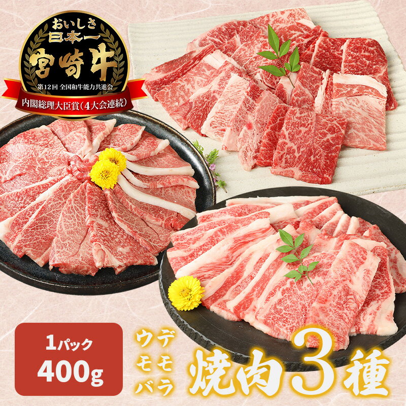 宮崎牛 焼肉3種 ウデ・モモ・バラ 各400g - 焼肉セット 宮崎牛焼肉 牛肉 国産黒毛和牛 うで/もも/ばら 焼き肉食べ比べ ファミリー向け 部位の違いを楽しむセット 赤身 脂の甘い宮崎牛 バーベキュー 計1.2kg 送料無料 [宮崎県木城町]