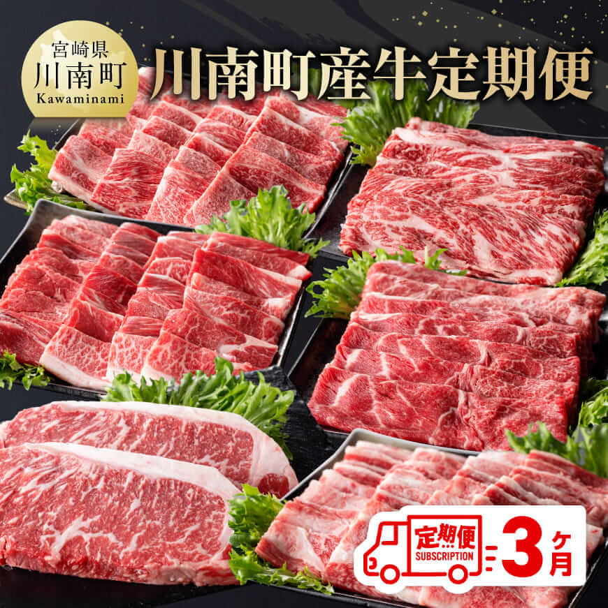 【ふるさと納税】※レビューキャンペーン※【定期便】川南町産牛 3ヶ月定期便 - 肉 牛 牛肉 国産 九州産 宮崎県産 クラシタ 肩ロース ウデ モモ スライス バラ カルビ ロースステーキ 焼肉 黒毛和牛 ミヤチク 宮崎県 川南町 送料無料 E0608t3