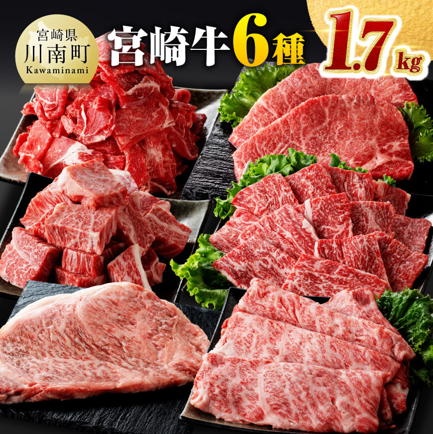 ※レビューキャンペーン※宮崎牛6種 詰め合わせ1.7kg - 肉 牛肉 セット 宮崎牛 ロース ステーキ ウデ 肩ロース カタロース カルビ バラ たっぷり 1kg オーバー 大容量 大量 しゃぶしゃぶ すき焼き すきしゃぶ 国産 宮崎県産 和牛 ミヤチク E0624