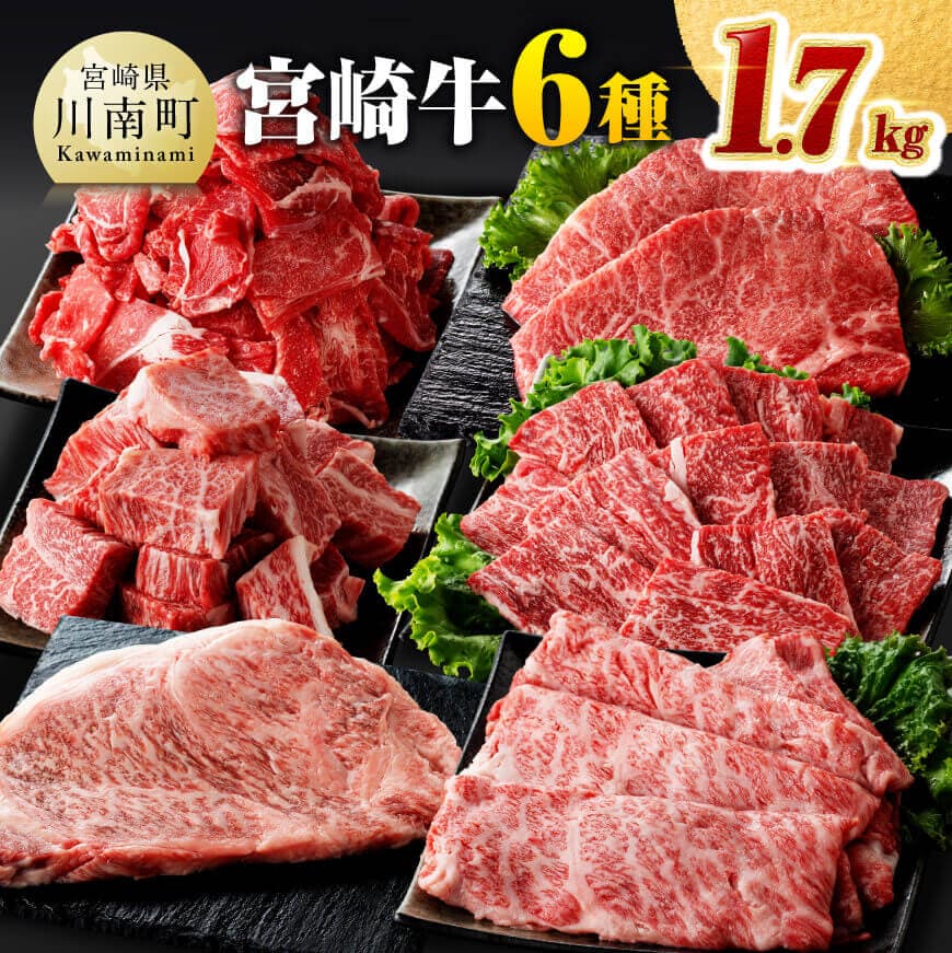 【ふるさと納税】※レビューキャンペーン※宮崎牛6種 詰め合わせ1.7kg - 肉 牛肉 セット 宮崎牛 ロース ステーキ ウデ 肩ロース カタロース カルビ バラ たっぷり 1kg オーバー 大容量 大量 しゃぶしゃぶ すき焼き すきしゃぶ 国産 宮崎県産 和牛 ミヤチク D00641