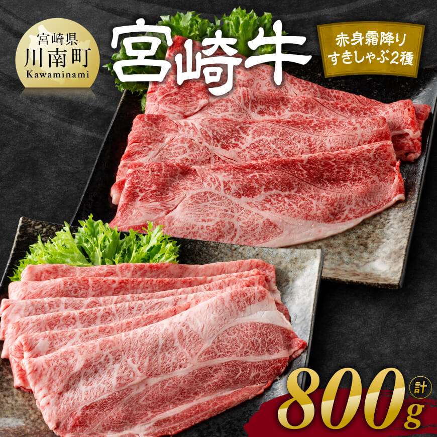 ※レビューキャンペーン※ 宮崎牛赤身霜降りすきしゃぶ2種 800g - 肉 牛肉 黒毛和牛 宮崎県産牛 九州産牛 国産牛 宮崎県産 九州産 国産 赤身 霜降り すき焼き 焼きしゃぶ ウデ モモ 肩ロース