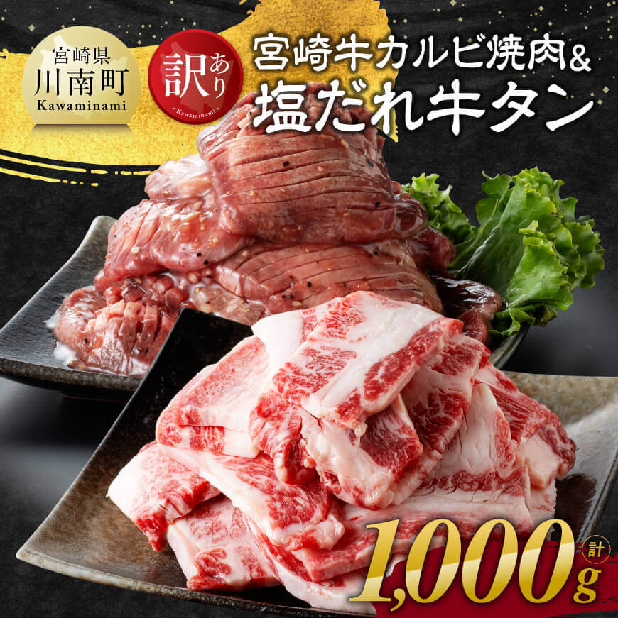 【ふるさと納税】※レビューキャンペーン※【訳あり】 宮崎牛カルビ焼肉＆塩だれ牛タン　計1,000g【 肉 牛肉 宮崎牛 カルビ タン たん 牛たん 味付き おかず 焼くだけ 簡単調理 】E11148