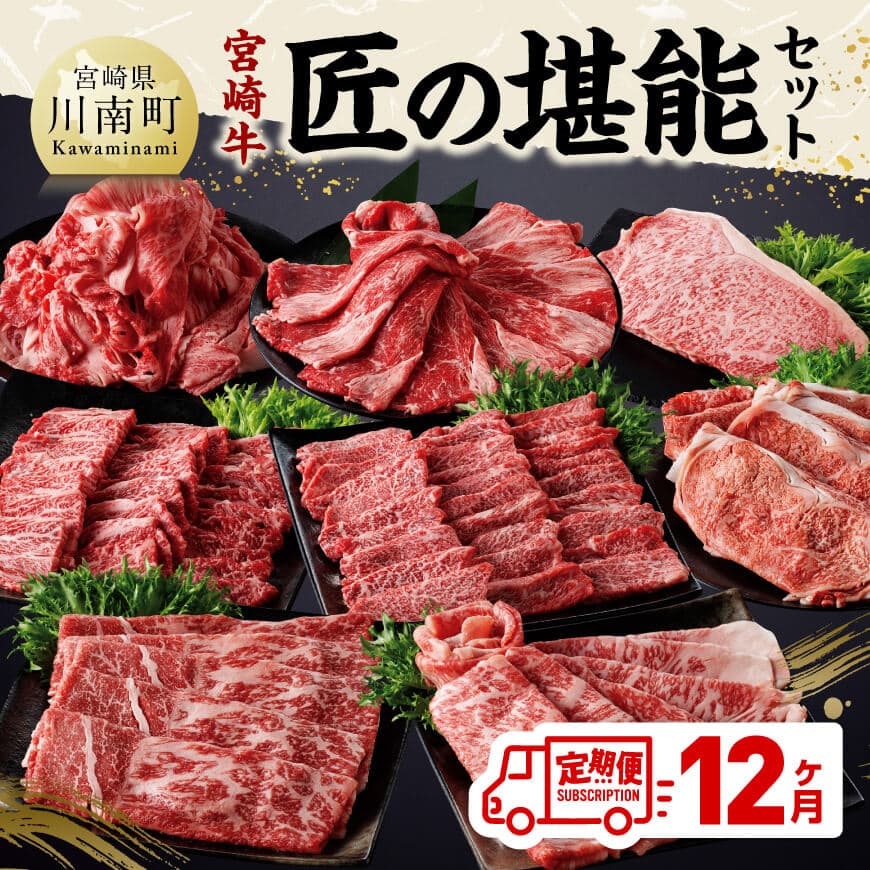【ふるさと納税】【定期便】宮崎牛 匠の堪能セット 12か月定期便 - 肉 牛肉 国産 黒毛和牛 宮崎牛 全12回 焼肉 しゃぶしゃぶ 焼きしゃぶ BBQ 宮崎県 川南町 D11401t12