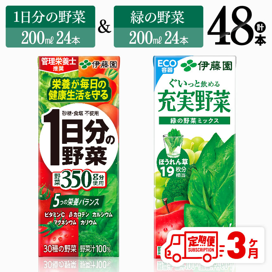 【ふるさと納税】※レビューキャンペーン※ 【3ヶ月定期便】伊藤園　1日分の野菜＆緑の野菜（紙パック）48本 【伊藤園 飲料類 野菜 緑黄色 野菜 ジュース セット 詰め合わせ 飲みもの】D07332t3