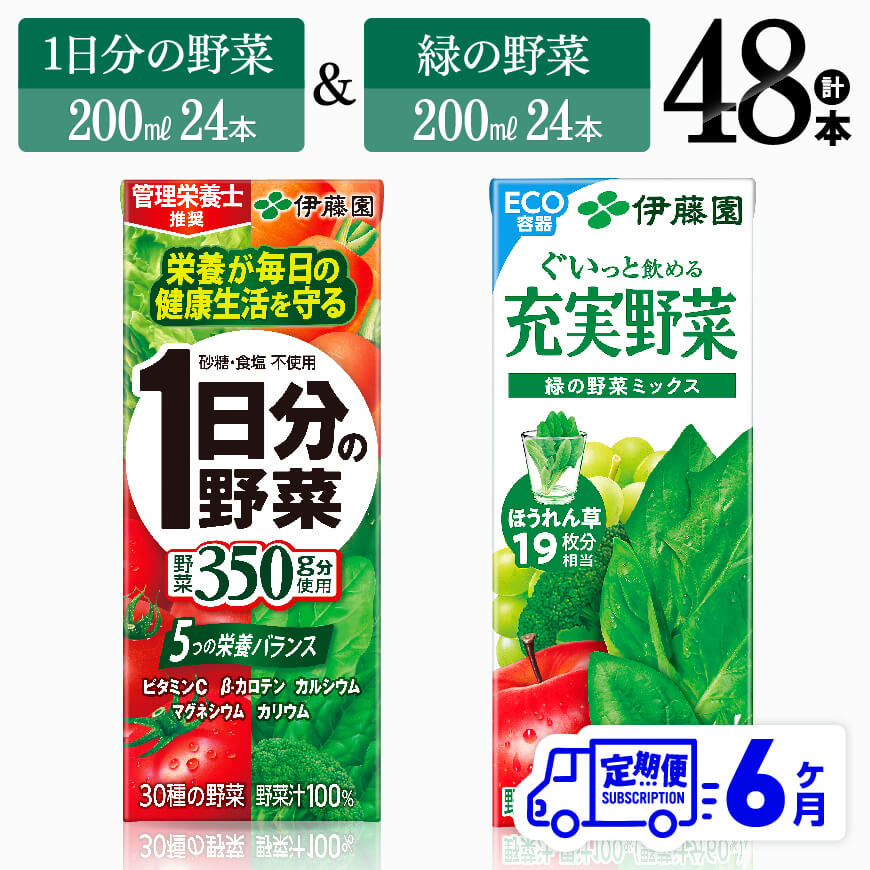 楽天宮崎県川南町【ふるさと納税】※レビューキャンペーン※【6ヶ月定期便】伊藤園　1日分の野菜＆緑の野菜（紙パック）48本 【伊藤園 飲料類 野菜 緑黄色 野菜 ジュース セット 詰め合わせ 飲みもの】D07332t6