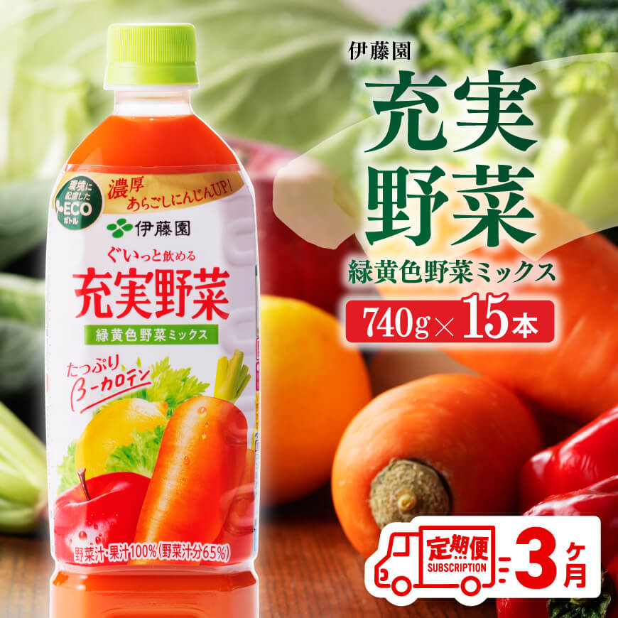 【ふるさと納税】 伊藤園 充実野菜 緑黄色野菜ミックス ペットボトル 740g×15本 - 飲料 ドリンク ソフトドリンク 野菜ジュース 3ヶ月定期便 果実混合飲料 にんじんピューレ 送料無料 備蓄 宮崎県 川南町 F7335-t3