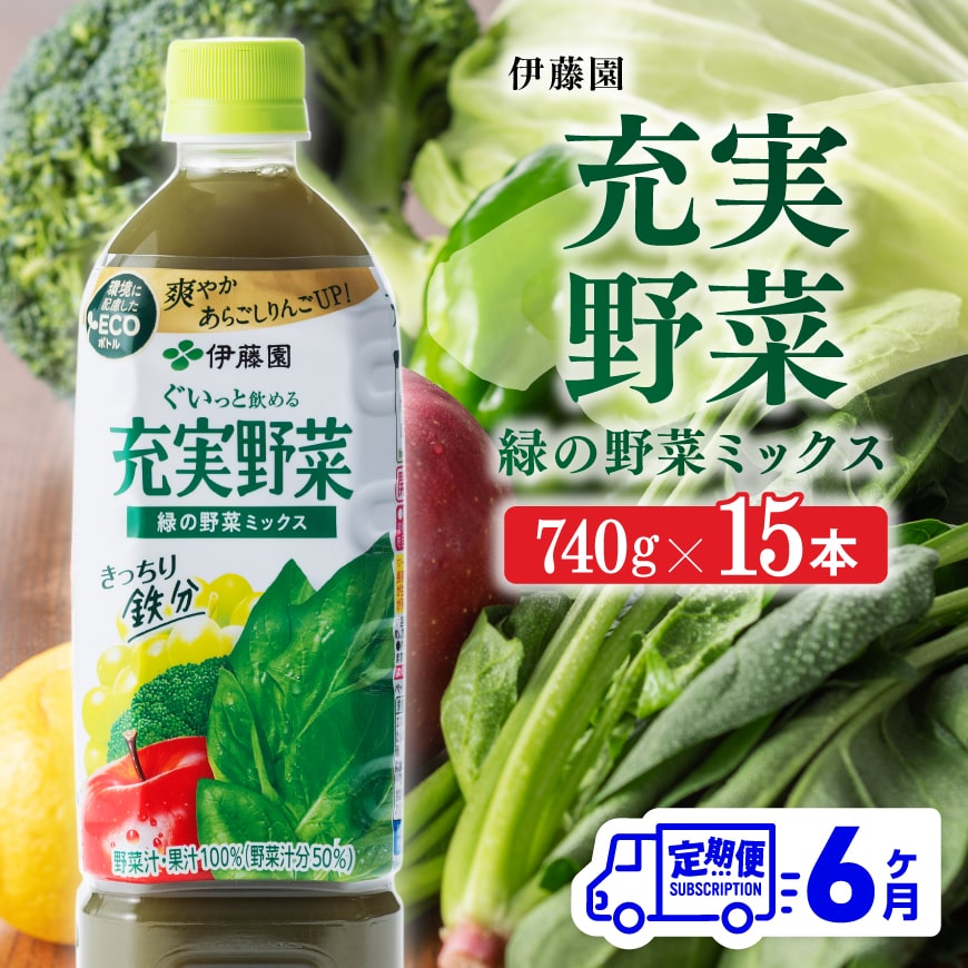 ※レビューキャンペーン※ 伊藤園 充実野菜 緑の野菜ミックス ペットボトル 740g×15本 6ヶ月定期便 果実混合飲料 送料無料 備蓄 おうち時間 宮崎県 川南町 E7367t6