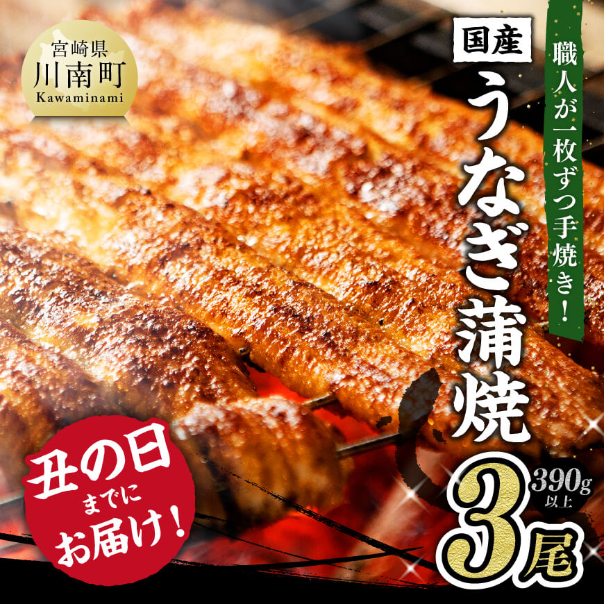 ※レビューキャンペーン※ 丑の日までお届け！名店の味 国産鰻 宮崎県産うなぎ蒲焼 3尾 (ウナギ390g以上)《うなぎ・蒲焼きのたれ・粉山椒 セット》【 国産 ウナギ 鰻 かば焼き 手焼き 宮崎県産 川南町産 九州産 ブランド おかず 惣菜 冷凍 送料無料 F8402 】