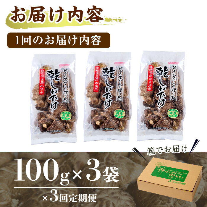 【ふるさと納税】【定期便・全3回(毎月)】乾椎茸肉厚どんこ(計900g・100g×3袋×3回)宮崎県産 原木栽培 特選 干し椎茸 しいたけ きのこ【NK013】【宮崎県農業協同組合　高千穂地区本部】