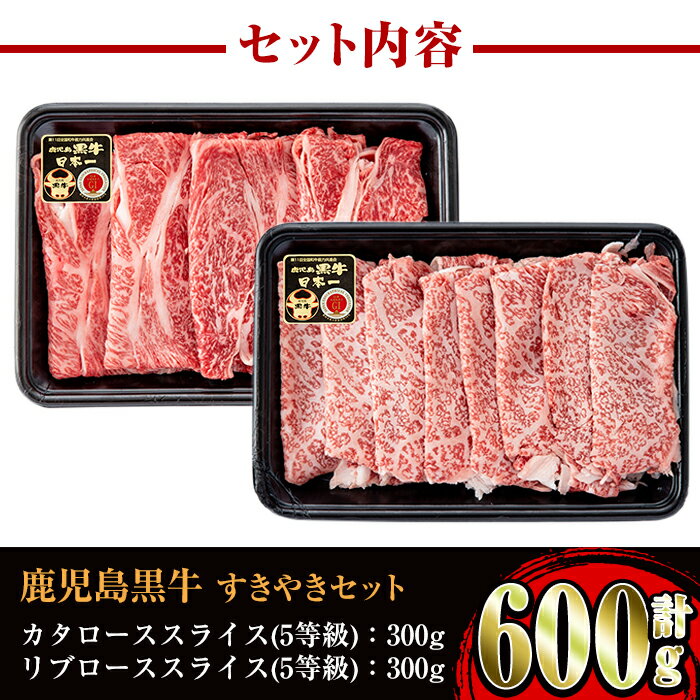 【ふるさと納税】＜H-101＞肉質最高ランク等級5等級　鹿児島黒牛(リブロース・カタロース)すきやきセット(各300g・計600g) 牛肉 国産 ブランド牛 黒牛 すき焼き ロース リブロース 肩ロース セット 晩御飯 霜降り 【JA鹿児島いずみ】