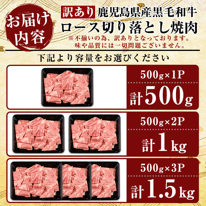 【ふるさと納税】＜訳あり・不揃い＞ 選べる容量！鹿児島県産黒毛和牛＜A5等級＞ロース切り落とし焼肉(計500g〜1.5kg) 牛肉 ヤキニク 焼き肉 国産 鹿児島県産 黒毛和牛 肉 精肉 牛 規格外 【ビーフ倉薗】 f462187-kirishima-10001560 鹿児島県霧島市 サンプル画像3