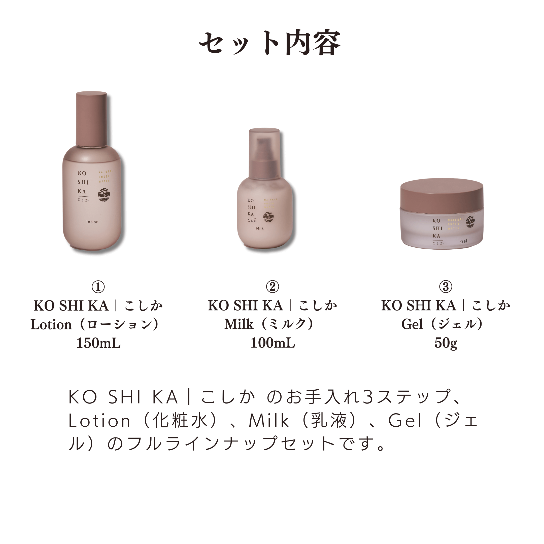【ふるさと納税】KOSHIKA｜こしか Lotion＆Milk&Gel 3点セット 霧島市 化粧品 コスメ スキンケア 化粧水 乳液 ジェル【ビジョン】